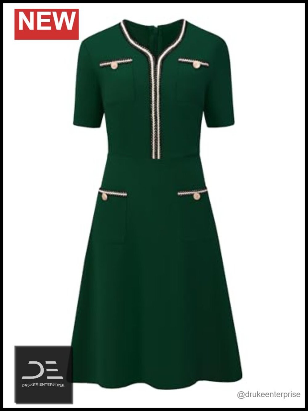 Tweed V-Neck Short Sleeve A-Line Dress with Pockets